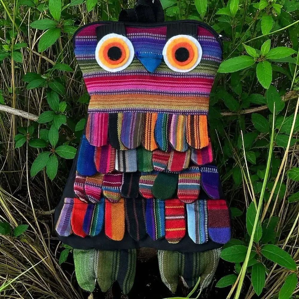 Guatemalan Kids Woodland Rainbow Owl Backpack 15x9 NWOT